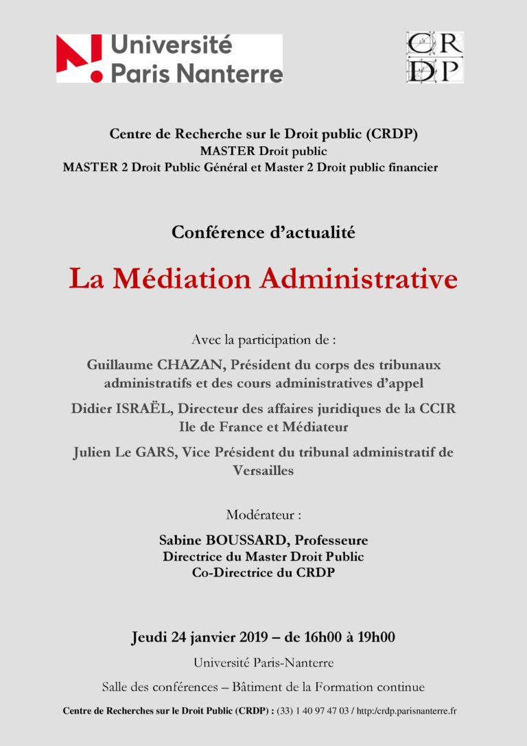 Conférence CRDP/Master 1/Masters 2 : LA MEDIATION ADMINISTRATIVE
