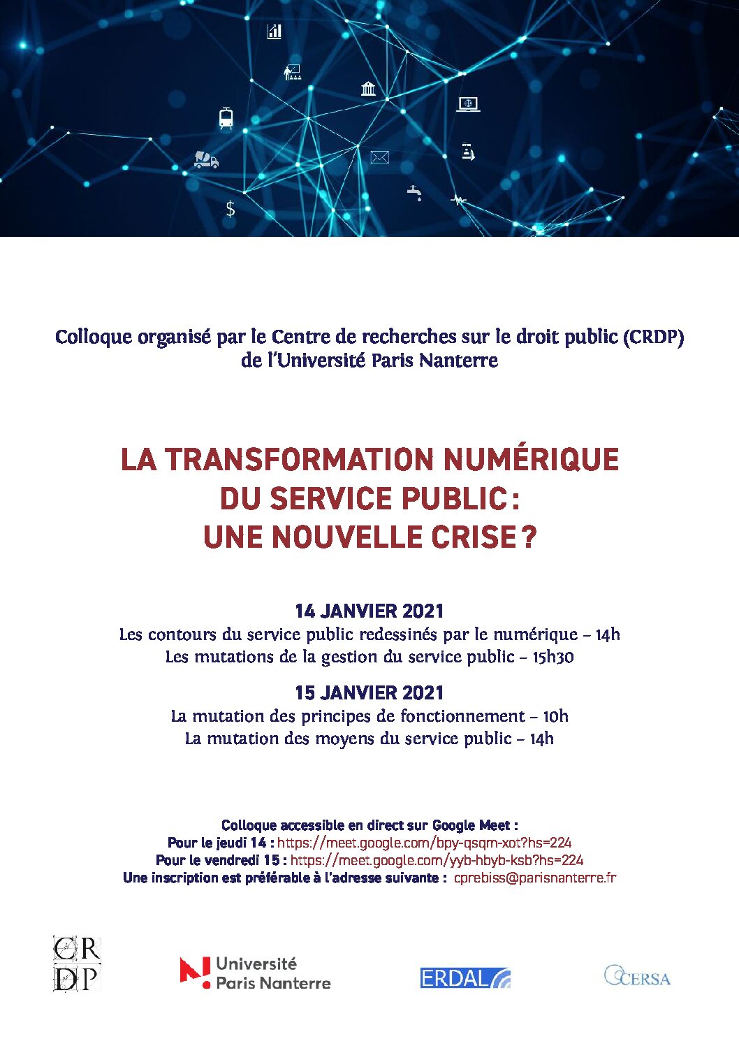 Colloque les 14 et 15 janvier 2021 : La transformation numérique du service public : Une nouvelle crise ?